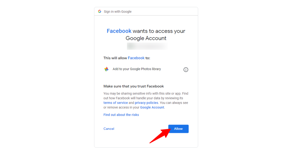 Allow facebook to access google account